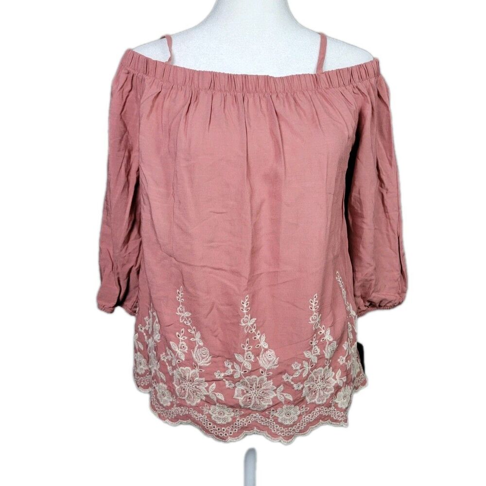 NWT By&By Cold Shoulder Blouse Womens Medium Embroidered Bohemian Top Clay Pink
